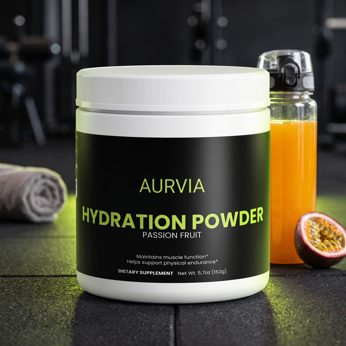 Aurvia Hydration Powder Passion Fruit with sports bottle in the gym