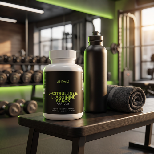 Aurvia L-Citrulline & L-Arginine Stack on a gym bench with water bottle