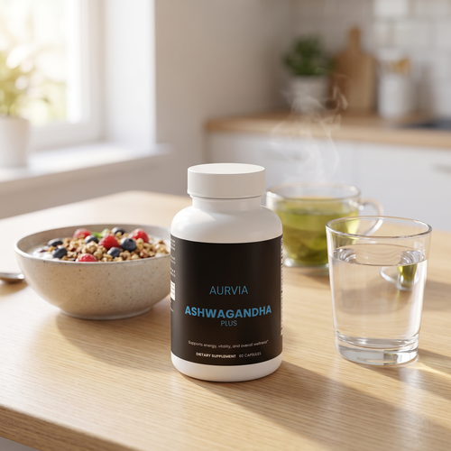 Aurvia Ashwagandha Plus on a breakfast table with a glass of water