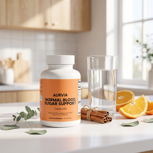 Aurvia Normal Blood Sugar Support with cinnamon, orange slices and a glass of water