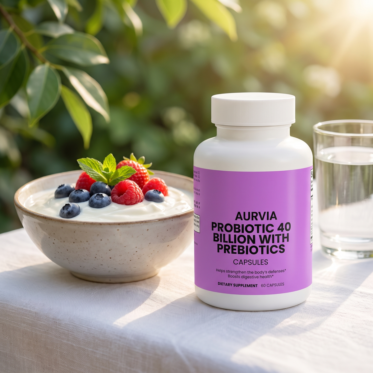 Aurvia Probiotic 40 Billion with yogurt, fresh berries and a glass of water