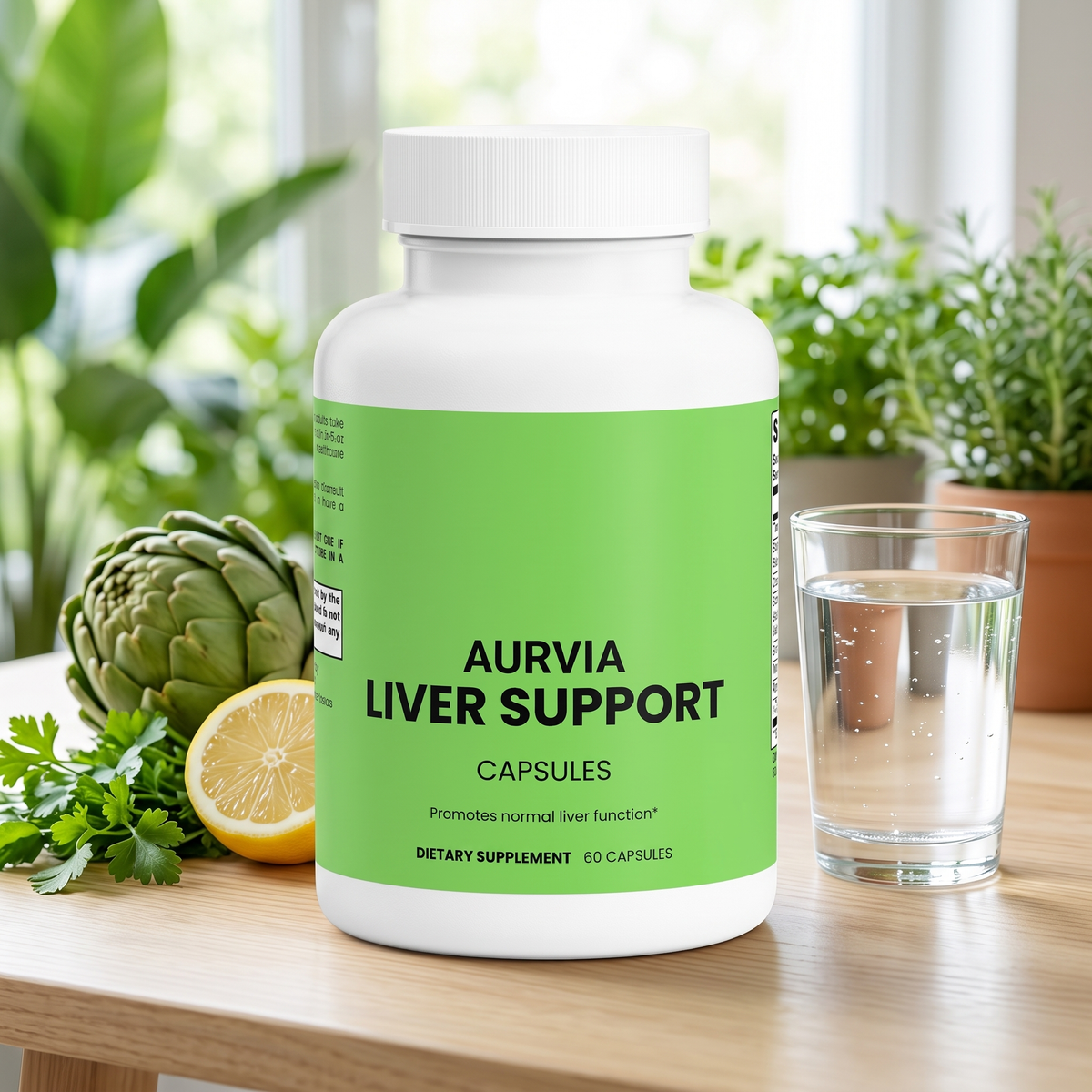 Aurvia Liver Support with artichoke, lemon, fresh herbs and a glass of water