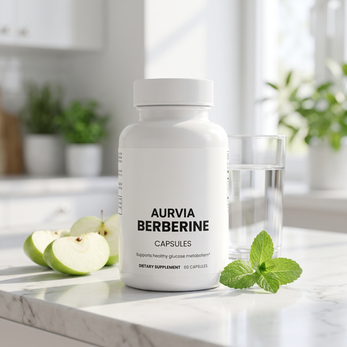 Aurvia Berberine with a glass of water, green apple and mint on a bright kitchen counter