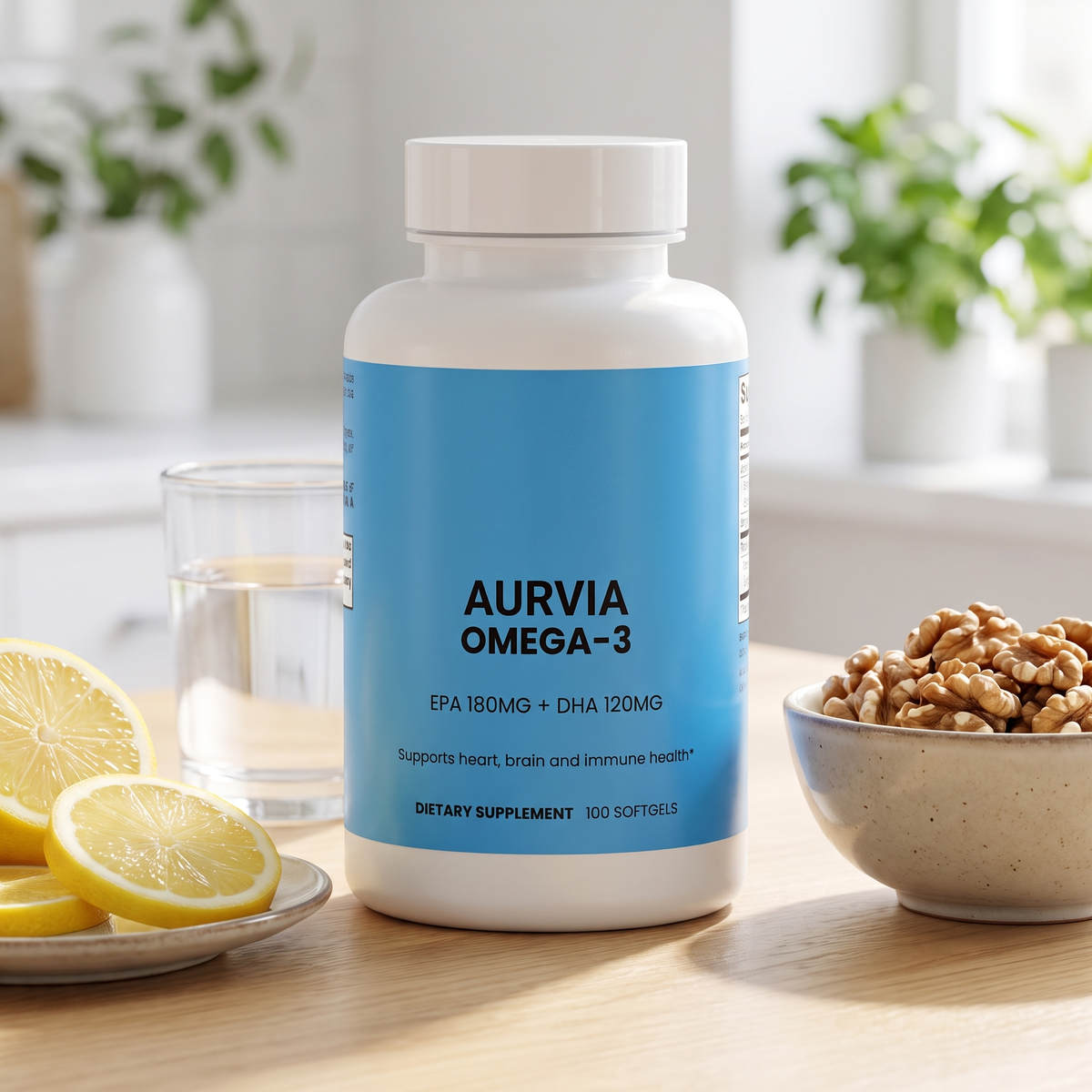Aurvia Omega-3 with lemon, walnuts and a glass of water on a bright kitchen table